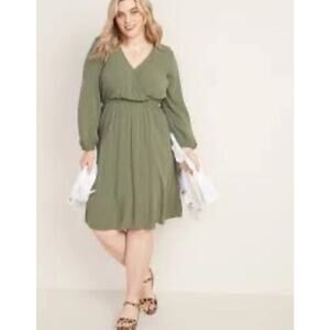 Old Navy Waist Defined Wrap Front Long Sleeve Green V Neck Dress Plus Size XXL
